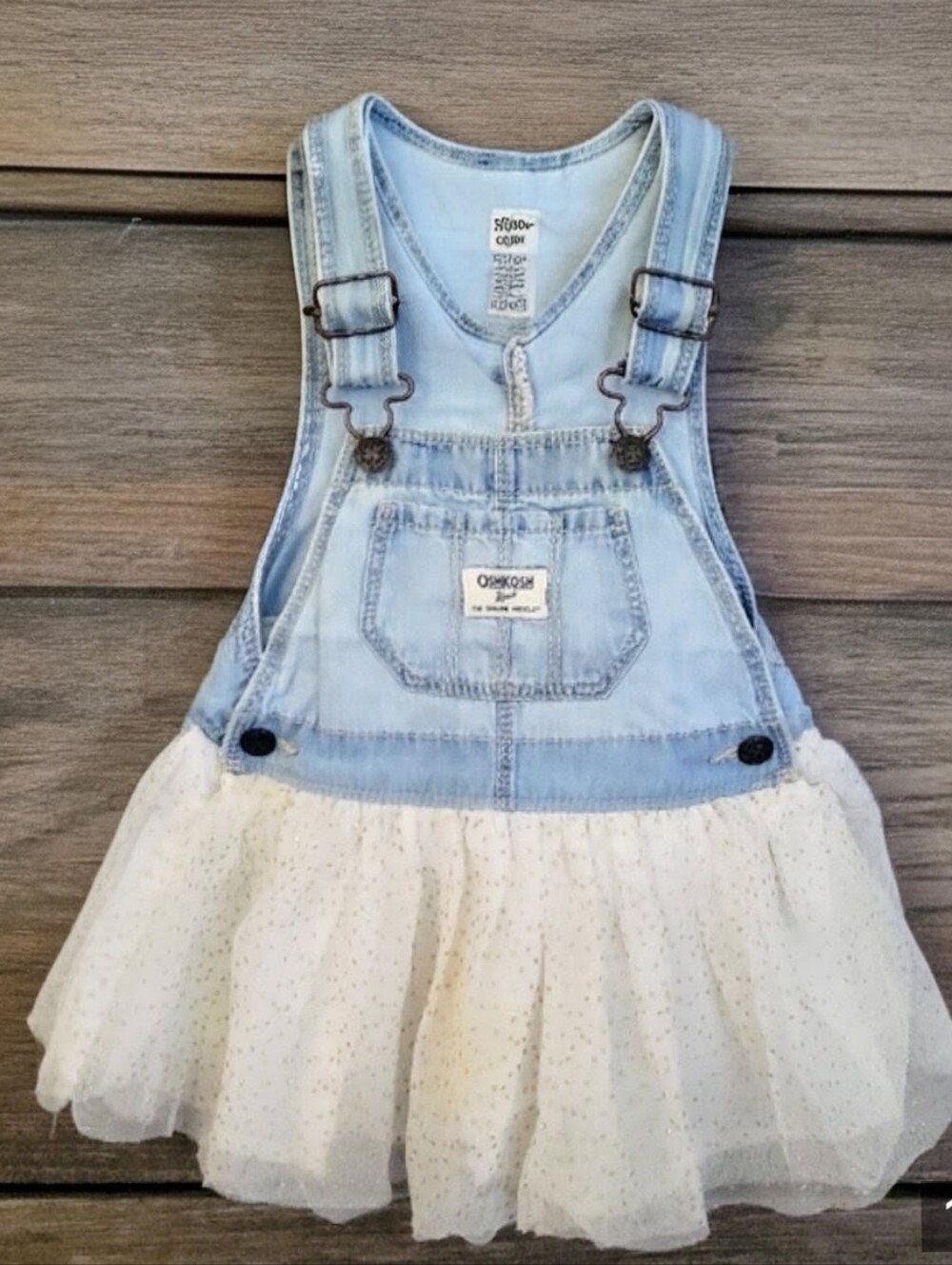 OshKosh B'gosh Light Denim Overall Dress with Cream Tulle Skirt